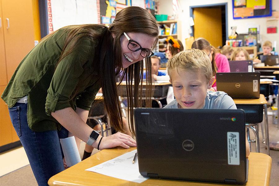 Education major at the University of Wisconsin Whitewater works hands-on with children.