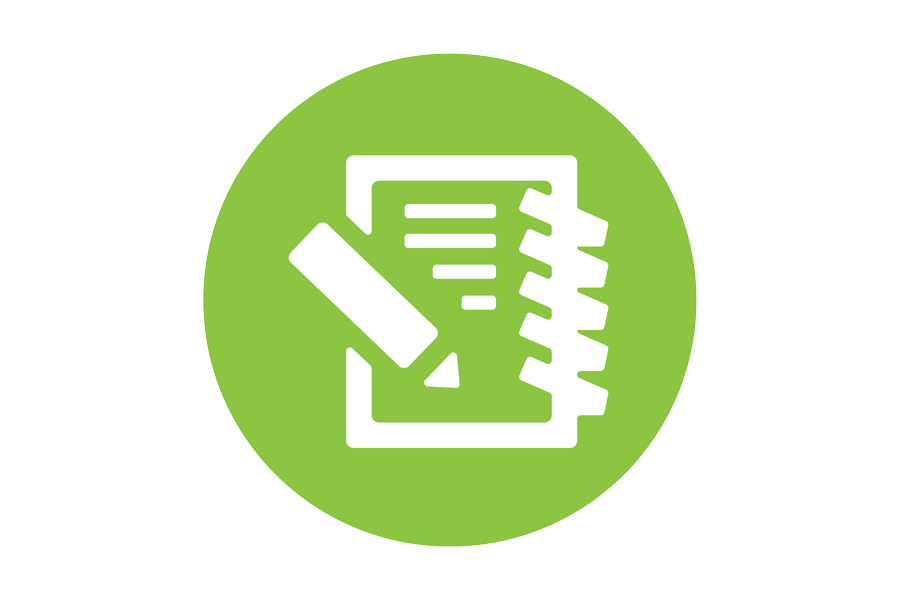 Icon of a notebook with a pencil showing a checklist on a green background