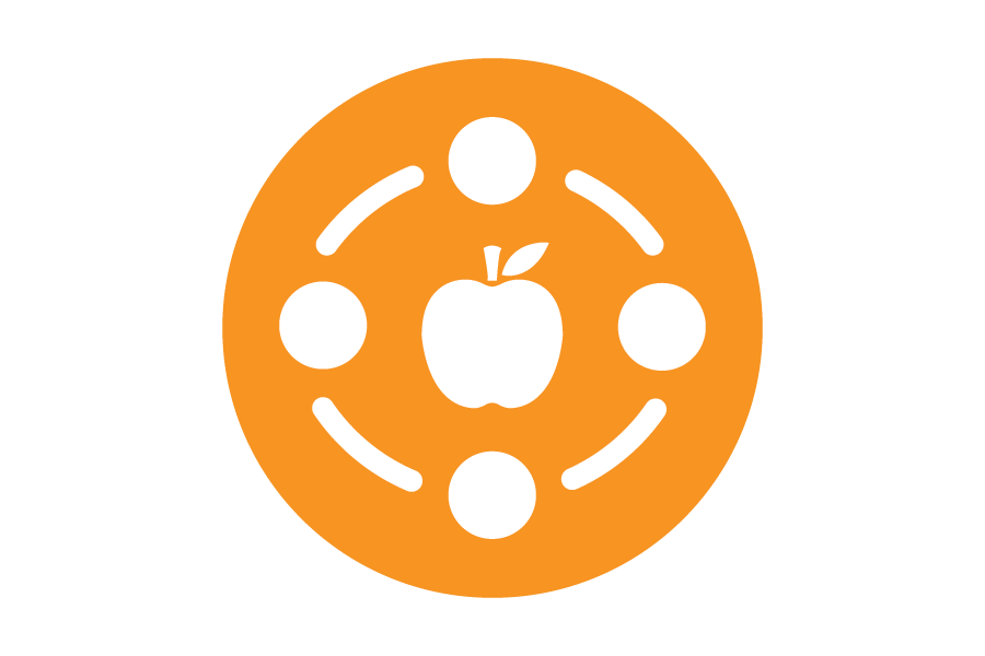 Graphic of a white apple surrounded by circles on an orange background.