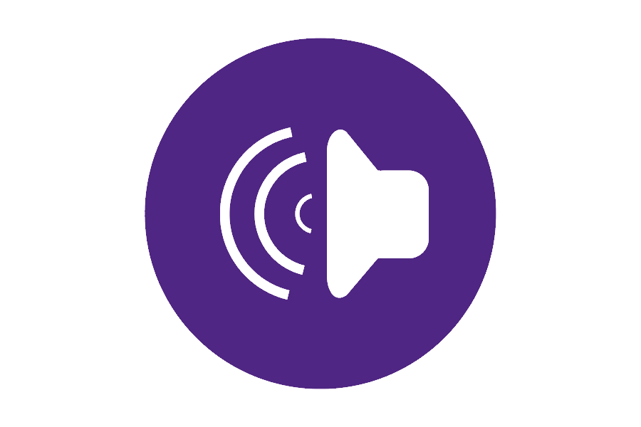 Graphic of a white speaker on a purple background.